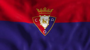 Pamplona, İspanya - 4 Haziran 2025: Ağır çekimde dalgalanan Osasuna armalı bayrak. Gerçekçi 3D animasyon, kusursuz bir şekilde dönüyor..