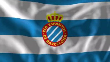 Barselona, İspanya - 4 Haziran 2025: RCD Espanyol armalı bayrak ağır çekimde sallanıyor. Gerçekçi 3D animasyon, kusursuz bir şekilde dönüyor..
