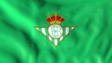 Sevilla, İspanya - 4 Haziran 2025: Real Betis armalı bayrak ağır çekimde sallanıyor. Gerçekçi 3D animasyon, kusursuz bir şekilde dönüyor..