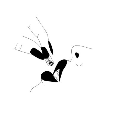 Sosyal ağları, sosyal medya bağımlılığı, internet bağımlılığı ve akıllı telefon bağımlılığıyla hap yutan bir kadının el yapımı vektör çizimi. sosyal hastalık.