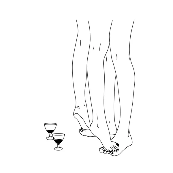 Line Drawing Female Legs Glasses Wine Nearby — 图库矢量图片
