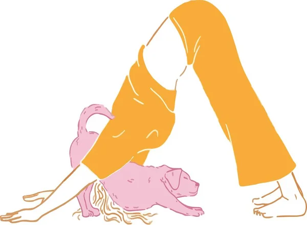 Trendy Illustration Girl Yellow Shirt Yellow Pants Bending Dog Standing — Stockvector