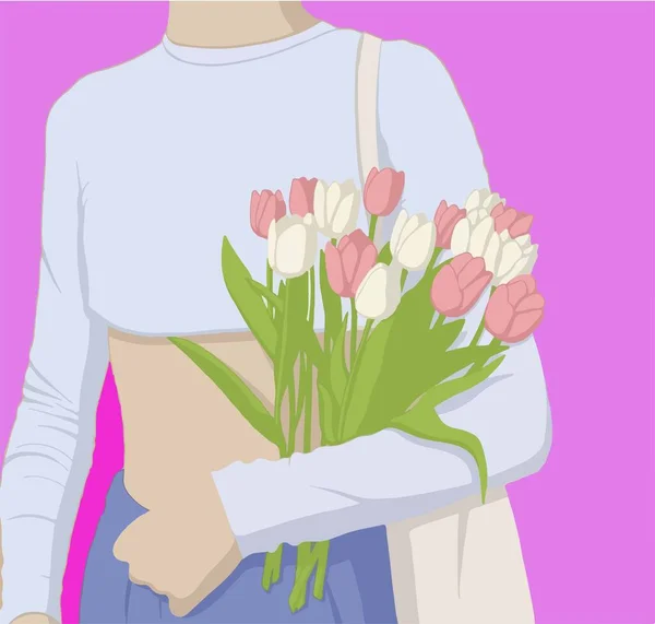 Жінка Тримає Тюльпанові Тюльпани Білому Тлі Концепт Карту День Матері Векторна Графіка
