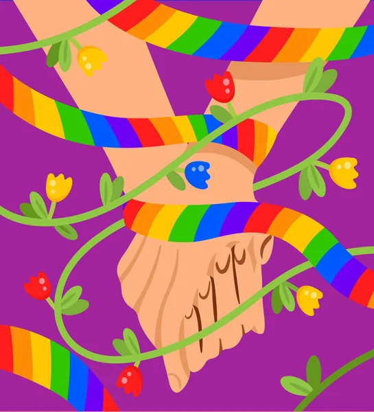 プライド旗カラーラインリボンと植物を持つ2人の手のイラスト 友情の概念 Lgbtコミュニティ — ストックベクタ