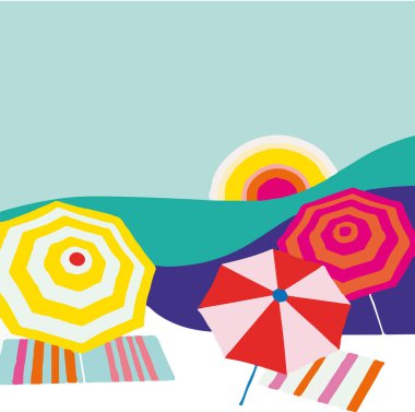 Şemsiyeli, güneşli, plajlı yaz arkaplanı. vektör illüstrasyonu