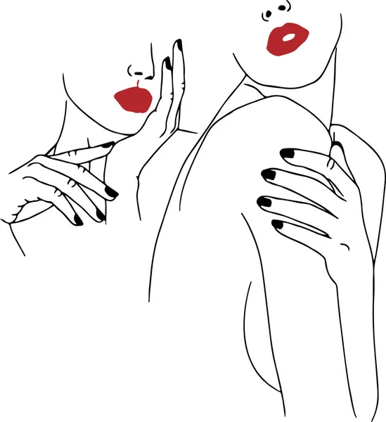 Иллюстрация Двух Девушек Красной Помадой Концепция Женской Дружбы Лгбт Сообщества Лицензионные Стоковые Иллюстрации