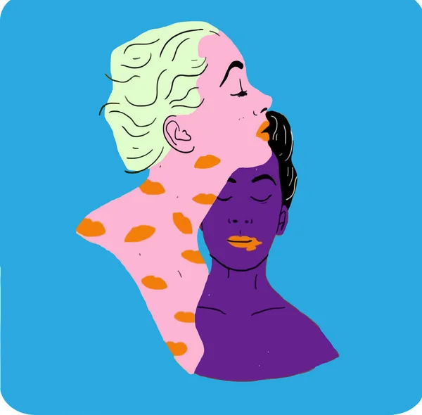 Абстрактная Иллюстрация Двух Девушек Следами Помады Шее Страстным Поцелуем Губ Лицензионные Стоковые Векторы
