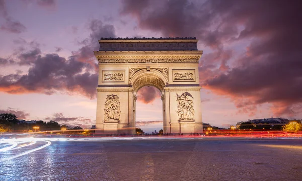 Arco Triunfo Cidade Paris Pôr Sol Panorama Exposição Longa — Fotografia de Stock
