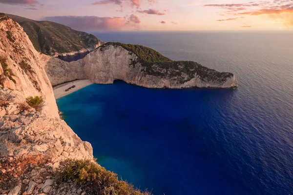 stock image Panoramic view of Navagio beach with the shipwreck in Zakynthos at sunset