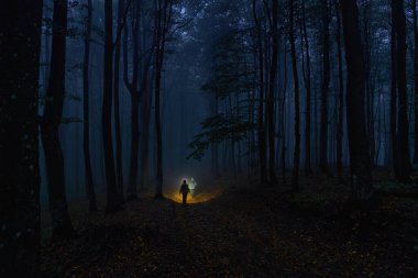 Gece ormanlarında iki turist fenerlerin ışığında toprak bir yolda yürür.