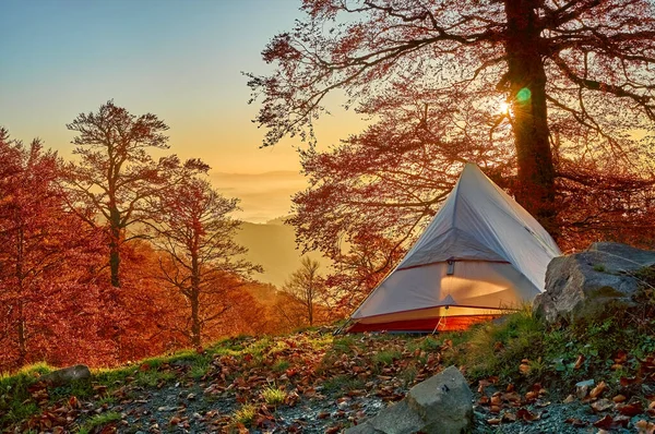 Günbatımında bir sonbahar manzarasının arka planına karşı hafif turist çadırı. Turistik hayattan güzel bir manzara