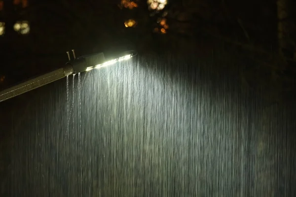 빗방울은 어두운 배경에 폭우가 내리는 가로등에 조명되었습니다 자연적 — 스톡 사진