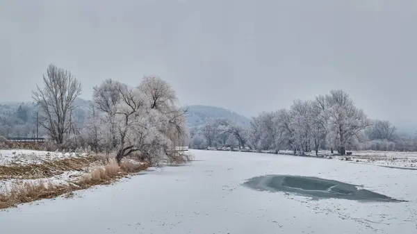 Soğuk bir kış sabahında donmuş bir nehir. Buz, eski söğütlerin dallarında ve kuru otlarda beyazdır. Alçak bulutlar kar yağışı müjdeliyor