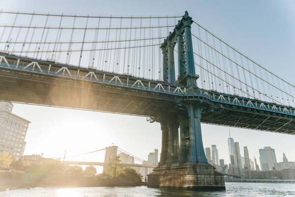 Brooklyn bridge view to Downtown Manhattan, New York, United States. 03.07.2022. High quality photo