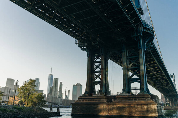 Brooklyn bridge view to Downtown Manhattan, New York, United States. 03.07.2022. High quality photo
