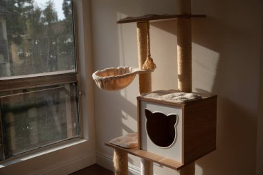  wooden cat tree in modern house. A cat tree is an artificial structure for a cat to play. High quality photo clipart
