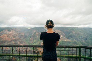 Vaimea Kanyonu, Kauai, Hawaii 'de telefonla fotoğraf çeken bir kız. Yüksek kalite fotoğraf