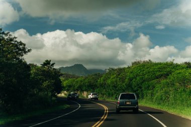 Hawaii, Kauai 'de yemyeşil bir tropikal ormandan geçen otoban. Yüksek kalite fotoğraf