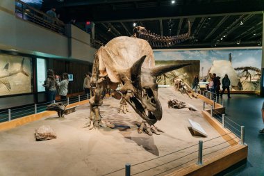 Drumheller, Kanada - Mar 2023 Ziyaretçiler Royal Tyrrell Müzesi 'nin girişindeki dinozor sergilerine akın ediyor. Yüksek kalite fotoğraf