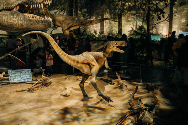 Drumheller, Canada - Mar 2023 Visitors flock to the dinosaur exhibits at the entrance of the Royal Tyrrell Museum. High quality photo