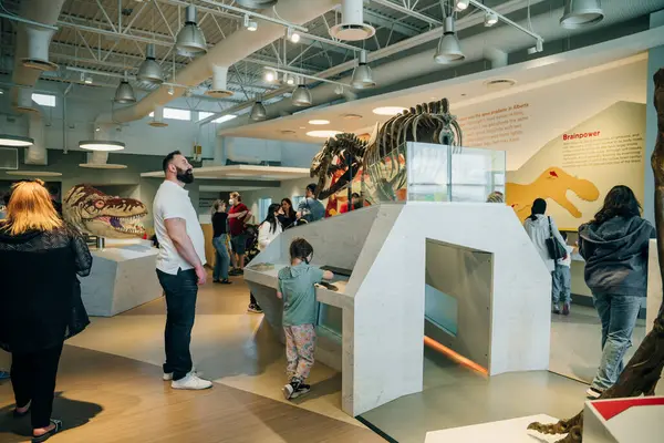 DRUMHELLER, ALBERTA - 12 Mayıs 2022 - Royal Tyrrell Müzesi 'ndeki çocuklar. Yüksek kalite fotoğraf