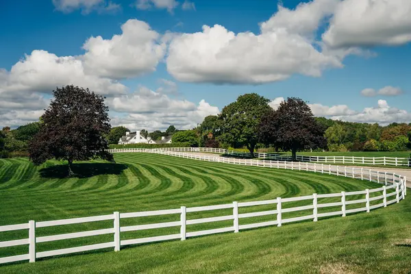 perfect american farm with a green lawn and a white fence. High quality photo