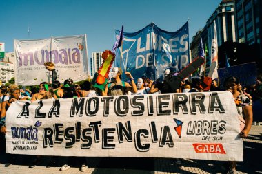 Kadınlar, Arjantin 'in Buenos Aires şehrinde düzenlenen Uluslararası Kadınlar Günü için düzenlenen Ni Una Menos yürüyüşü sırasında sloganlar atıyorlar. Yüksek kalite fotoğraf
