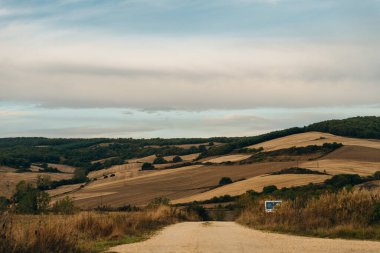 St.James Hac Yolu üzerindeki Galiçya 'nın Sarria İlkbahar Alanı' nda Scallop Shell Sembolü ve Sarı Ok İşaretli Taş Posta. Camino de Santiago Yolu..