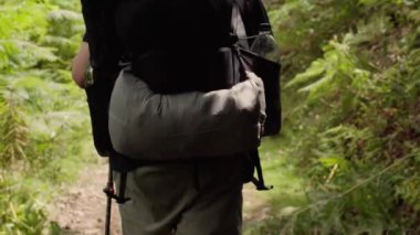 Büyük bir sırt çantalı bir yürüyüşçü dikkatle bir orman patikasının üzerinden geçiyor. Yüksek kalite 4k görüntü