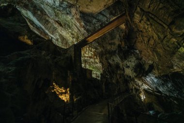 Postojna Mağara Parkı, Postojna, Slovenya 'nın güzel ve şaşırtıcı sarkıtları manzarası. Yüksek kalite fotoğraf