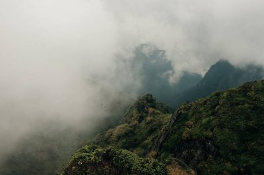Vietnam 'ın Lao Cai eyaletindeki Sa Pa kasabasında 3143 metre yükseklikteki Fansipan dağ zirvesine bakıyoruz. Yüksek kalite fotoğraf