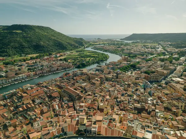 stock image Aerial view of Bosa, a small colourful town near Oristano, Sardinia island, Italy. High quality photo