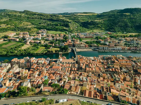 stock image Aerial view of Bosa, a small colourful town near Oristano, Sardinia island, Italy. High quality photo