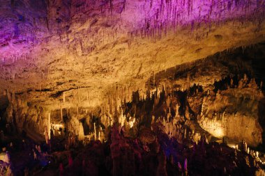 Postojna Mağara Parkı, Postojna, Slovenya 'nın güzel ve şaşırtıcı sarkıtları manzarası. Yüksek kalite fotoğraf