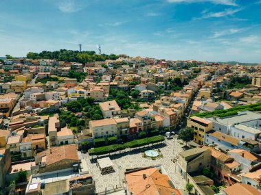 Aerial view of little town of Sant'Antioco houses at sunrise in italy. High quality illustration clipart