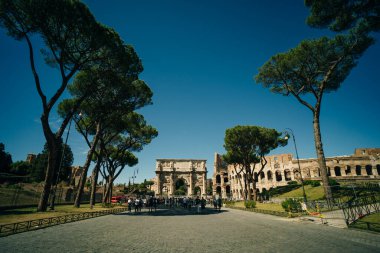 Panoramic view of Colosseum is one of main travel attraction of Rome, Italy. Panorama of Ancient Roman ruins, italy - 2 may 2024. High quality photo clipart