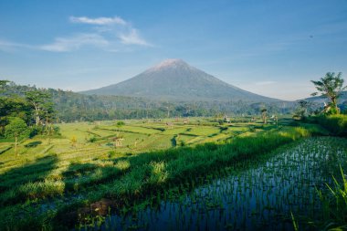 BALI, INDONESIA - 27 Şubat 2024 Tatil Pura Penataran Agung Lempuyang Tapınağı ve Bali 'deki Agung volkanı. Yüksek kalite fotoğraf