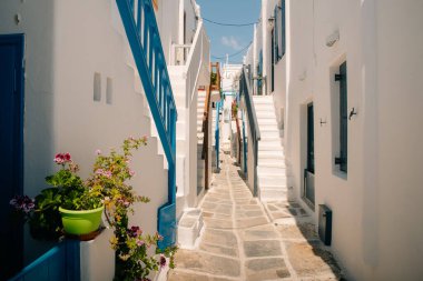 Orijinal geleneksel Yunanistan. Mykonos Adası. Eski Chora köyünün renkli çiçekli sokakları. Kiklad. Yüksek kalite fotoğraf