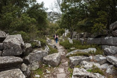 Termessos 'taki yıkık dökük spor salonu ve hamam binası. Türkiye 'nin Antalya ilinin antik kenti harabeye döndü. Yüksek kalite fotoğraf