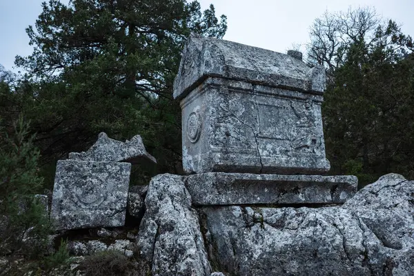 Termessos 'taki yıkık dökük spor salonu ve hamam binası. Türkiye 'nin Antalya ilinin antik kenti harabeye döndü. Yüksek kalite fotoğraf