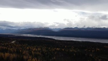 Alaska 'daki Denali Ulusal Parkı' ndaki renkli ağaçların ve kozalaklı ağaçların hava manzarası. Yüksek kalite 4k görüntü