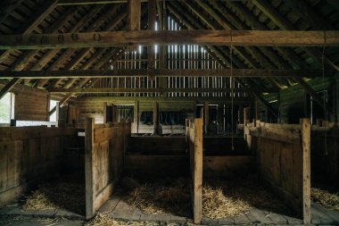 catching pens inside an old wooden barn. High quality photo clipart