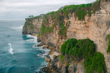Panorama Okyanus Kıyısı 'na bak, Cliff. Gün batımı. Bali. Çiçek ve yeşil başlıklı dikey uçurum Hint Okyanusu 'nun üzerinde bunaltıcı bir manzara. Yüksek kalite fotoğraf