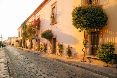 14 Haziran 2024 Santiago de Queretaro Meksika. Şehrin tarihi merkezinin panoramik manzarası renkli koloni binalarıyla. Yüksek kalite fotoğraf