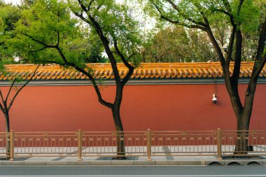 Pekin 'deki yasak şehrin kırmızı dış duvarı. Yüksek kalite fotoğraf