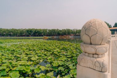 Pekin, Çin - 2 Haziran 2025 Çin geleneksel turizm tekneleri Qianhai Gölü 'nün Pekin kanallarında ShiChaHai bölgesinde. Yüksek kalite fotoğraf