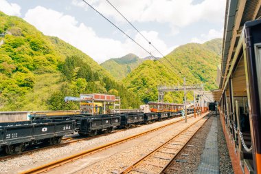 Kurobe Gorge Demiryolu kırmızı köprüsü, Japonya. Yüksek kalite fotoğraf