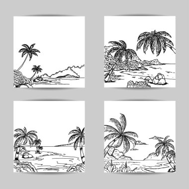 Plaj çizimi taslak şablonu, el çizimi tarzı ve siyah ana hatlarıyla