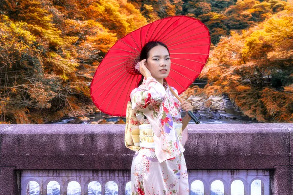 Девушка Традиционном Кимоно Кимоно Красным Зонтиком Токио Осенью Мосту Стоит — стоковое фото