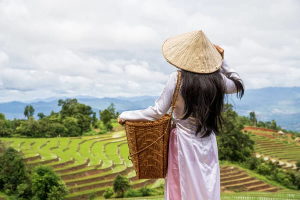 stock image Young Vietnamese woman looking at beautiful rice terraces. Countryside culture and farm wearing wear at mountains.